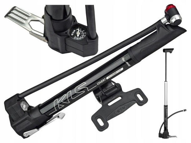 Насос напольный KLS Covert компактный, выдвижной 1" манометр, 2 режима, патентованная головка AV/FV с автопереключением, длина 300мм, вес 216г, макс. давление 120psi/8 bar