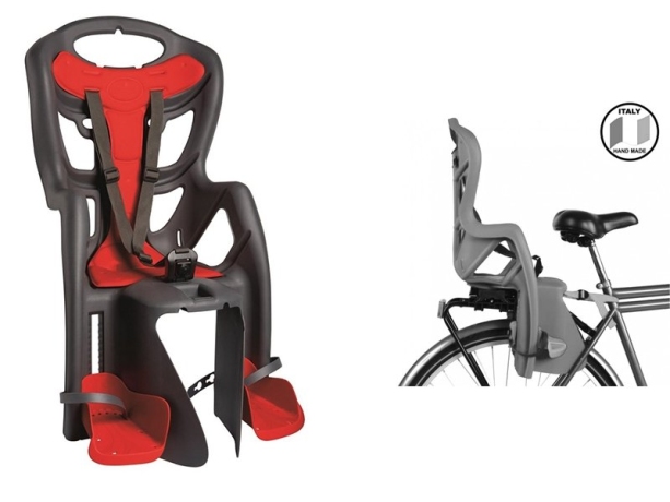 Детское заднее велокресло BELLELLI Сидение заднее Pepe Clamp, тёмно-серое с красной вставкой до 22кг