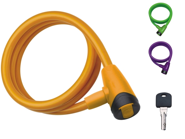 Замок велосипедный TONYON тросовый 12х1000мм с ключом и держателем, зелёный, фиолетовый, жёлтый