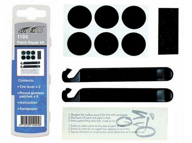 Super b 1105 велоаптечка: 2 монтажки, 6 заплаток, наждачка, инструкция
