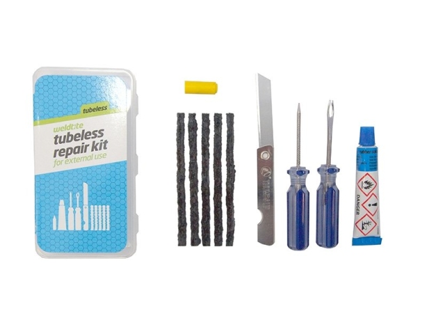 WELDTITE Аптечка для ремонта бескамерных покрышек, 3 резиновых жгута со специальным шилом для установки, складной ножик, клей, мелок, шило