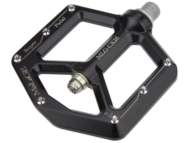Велосипедные педали MLG-CK26 алюминиевые, 100х102х11мм, ось CrMo, 1 шариковый подшипник + 1 подшипник скольжения, сменные шипы, вес 383г чёрные