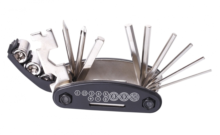 TBS Складной инструмент 15 функций: шестигранники 2/2.5/3/4/5/6мм, отвёртки +/-,торцевые биты 8/9/10мм, гаечные 8/10...