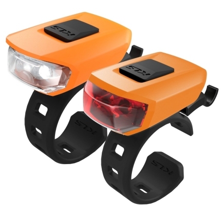 Комплект освещения KLS VEGA оранжевый: 10лм/3лм, 2x LED, режимы: 100% (180ч), 50% (360ч), мигающий (360ч), батарейки 2хCR2032 в компл., универсальное крепление на руль и подс. штырь, влагозащита IPX 4