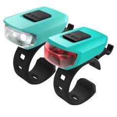 Комплект освещения KLS VEGA бирюзовый: 10лм/3лм, 2x LED, режимы: 100% (180ч), 50% (360ч), мигающий (360ч), батарейки 2хCR2032 в компл., универсальное крепление на руль и подс. штырь, влагозащита IPX 4