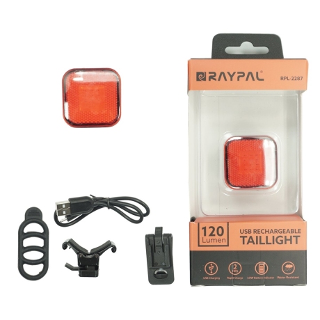 Фонарь задний, панели COB LED, макс. 60лм(белый) / 30лм(красный), литий-полимерный аккумулятор 350мАч, время зарядки 1ч, 7 режимов (4-6ч), корпус: ал./пластик, в комплекте клипса на ремень